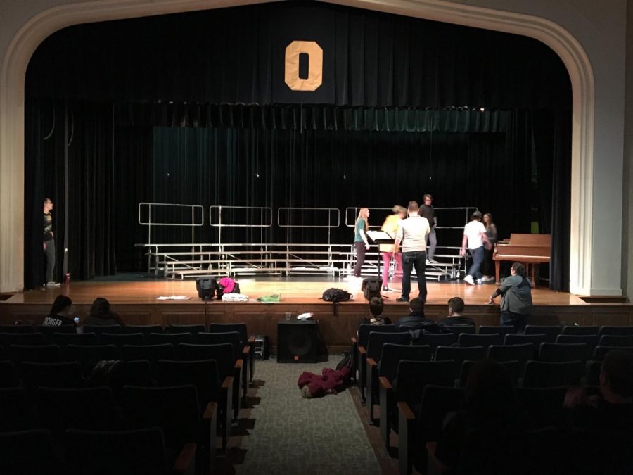 Cast members of this years musical, Legally Blonde, prepare by blocking scenes. Blocking rehearsals are fun, actor, Calista Miller said. Its interesting to see how everyone interprets the script.