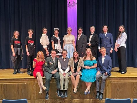 Clue Cast: The cast of “Clue” gathers for a cast photo. The fall play ran Nov. 4-6.  Sam Spowart (11), who played Wadsworth the Butler, said. “I thought it went really well, I am really proud of my cast mates, they all did a wonderful job.” Photo contributed by: Taylor Wadham