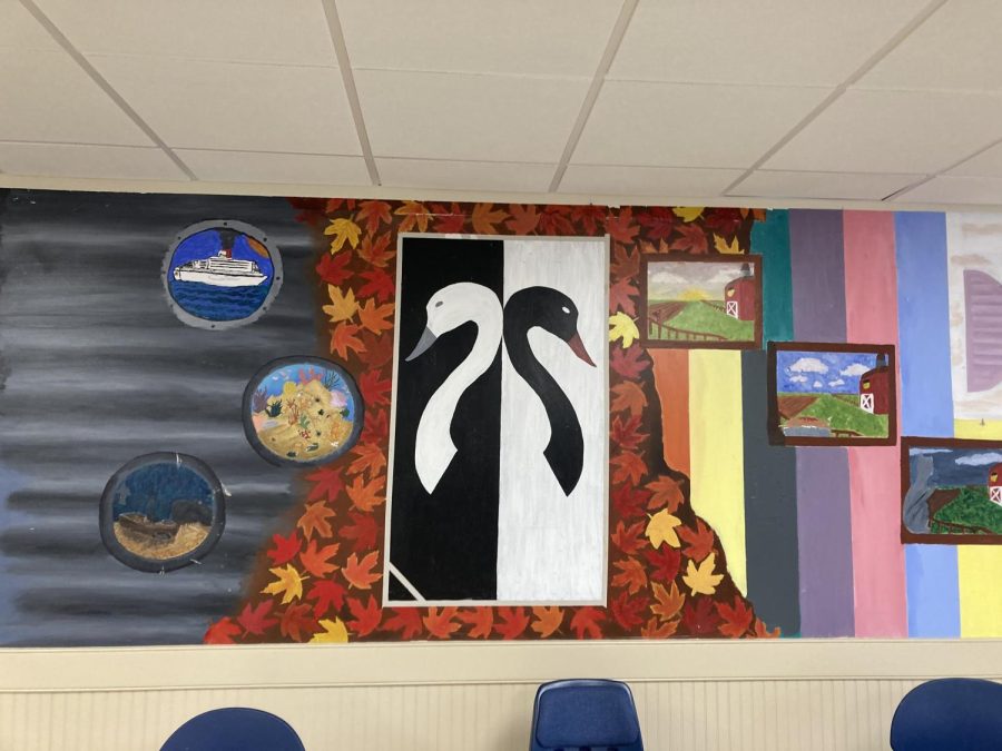 Mystery mural: The mural stands on the north wall of the cafeteria. “It is totally random,” art teacher Jen Gabbard said. “I think that something more meaningful would be better.” Photo by: Evelyn Hoffman