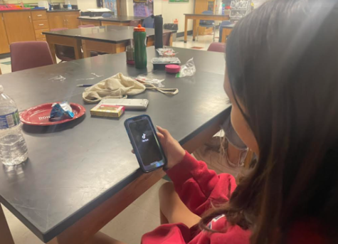 Passing the time with TikTok: Alison Rolling (10) watches TikTok at lunch. Many students often scroll TikTok when they are free, racking up their screen time. 